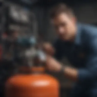 Technician performing maintenance on an industrial air compressor