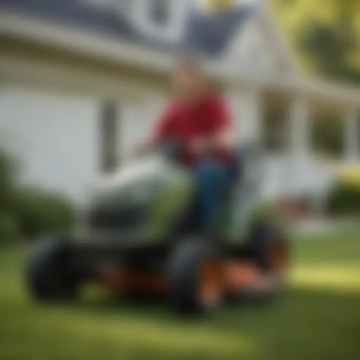 A satisfied homeowner using an electric lawn mower in a suburban setting