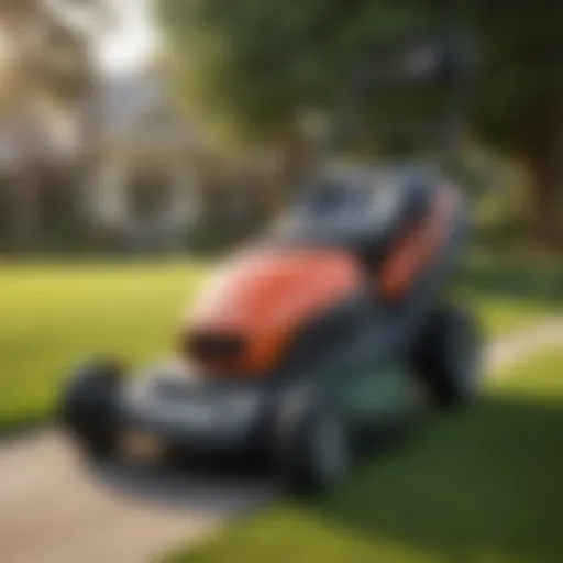 A sleek American made electric lawn mower on a well-manicured lawn