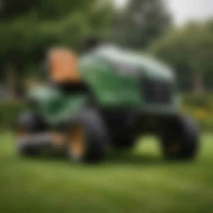 A close-up view of Atwoods riding lawn mower showcasing its sleek design.