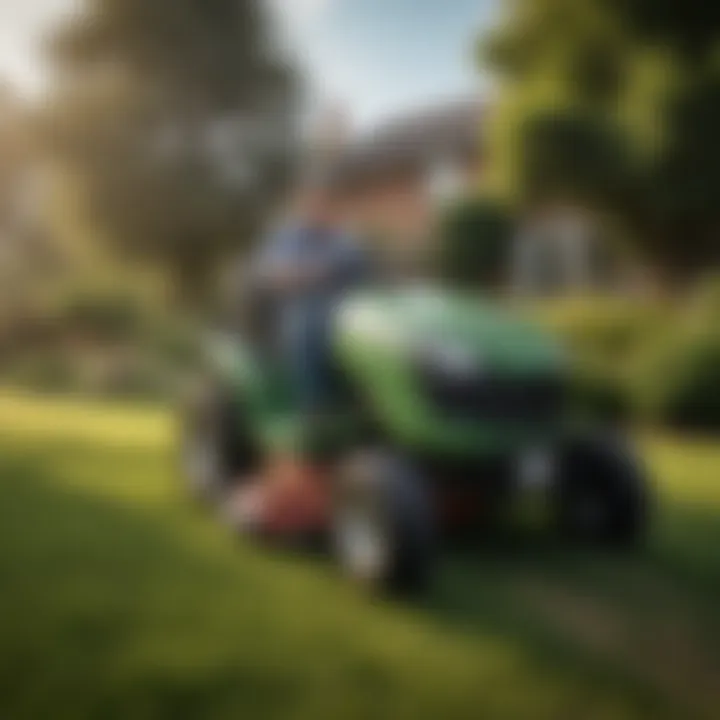 An Atwoods riding lawn mower in action on a well-manicured lawn.