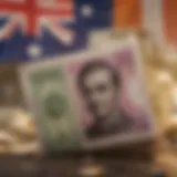 Australian dollar notes on a background of the Indian flag