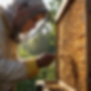 Inspection of Mite Management Beekeeper inspecting a hive with mite strips