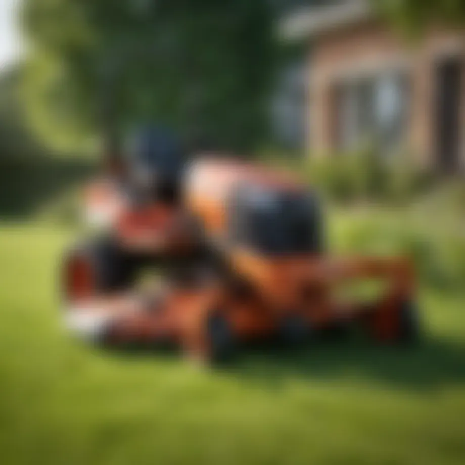 A powerful stand-on mower in action on a lush green lawn