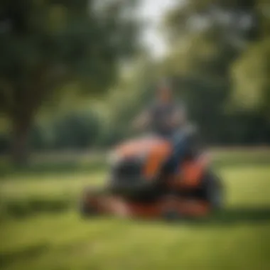 Precision Maneuvering with Stand-On Mower User navigating a stand-on mower with precision around landscaping