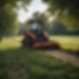 Robust brush mower attachment mounted on a skid steer in a field