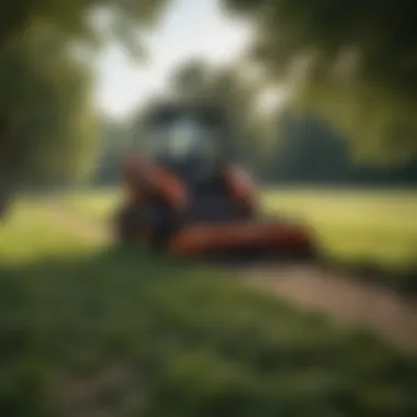 Robust brush mower attachment mounted on a skid steer in a field