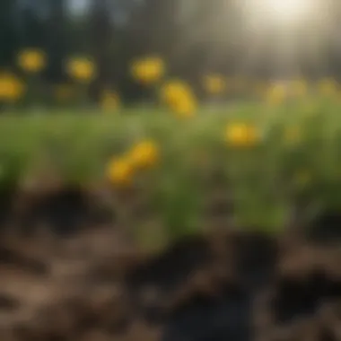 A diverse ecosystem featuring buttercup seedlings among various other plants, highlighting ecological interactions.