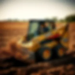 A powerful skid steer maneuvering through a farm field.