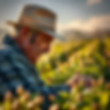 A close-up of a farmer inspecting crops during the changing seasons