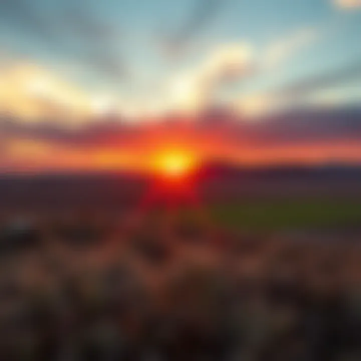 A vibrant sunset over the Utah landscape showcasing diverse terrain