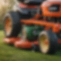 A close-up view of a commercial stand-on lawn mower showcasing its robust engine and cutting deck.