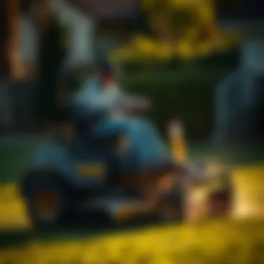 Ride stand-on mower in action during a landscaping task