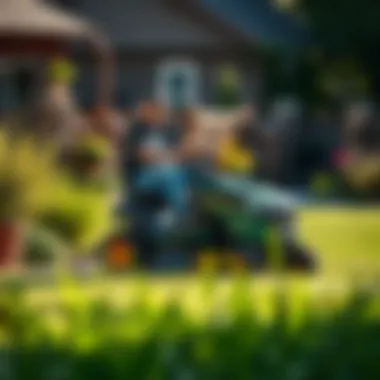User operating a stand-on mower in a residential garden setting