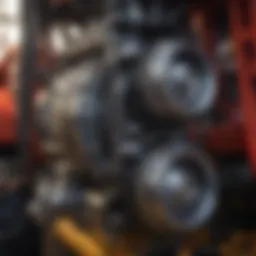 A close-up view of a tractor's engine showcasing its intricate mechanics.
