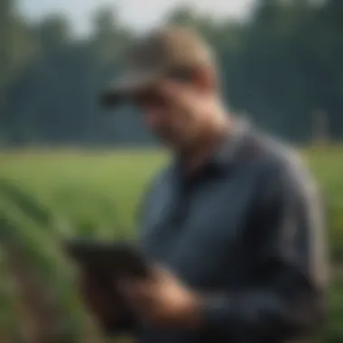 Utilizing Rainfall Data for Crop Management A farmer analyzing rainfall data on a tablet