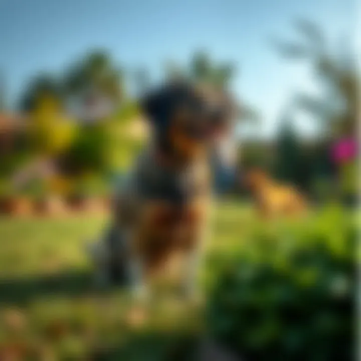 A peaceful garden landscape with pets playing
