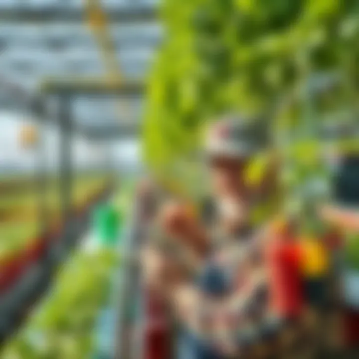 Maintaining a Hydroponic Drip System A gardener maintaining a hydroponic system with tools and equipment