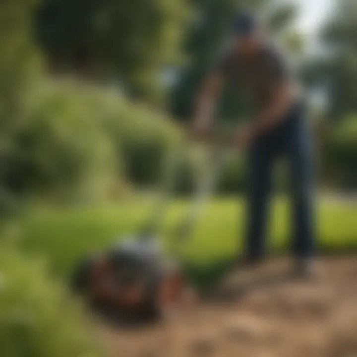 A gardener demonstrating the use of a grass removal tool in a garden.