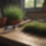 A variety of grass removal tools displayed on a wooden table.