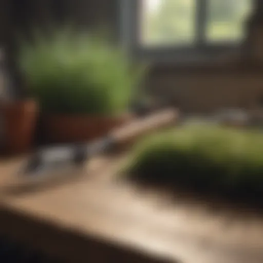 A variety of grass removal tools displayed on a wooden table.