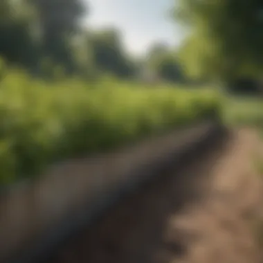 Detailed view of a landscape with various weed control barriers in place