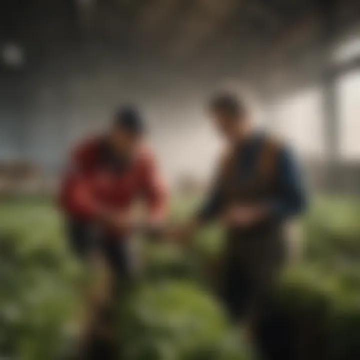 Farmers inspecting plants grown in rockwool substrate