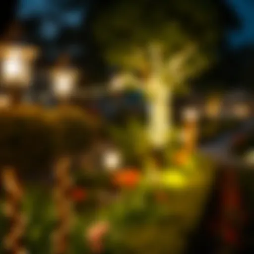 A beautifully illuminated garden at night showcasing various lighting features