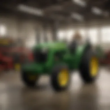 Interior of a John Deere dealership showcasing various products