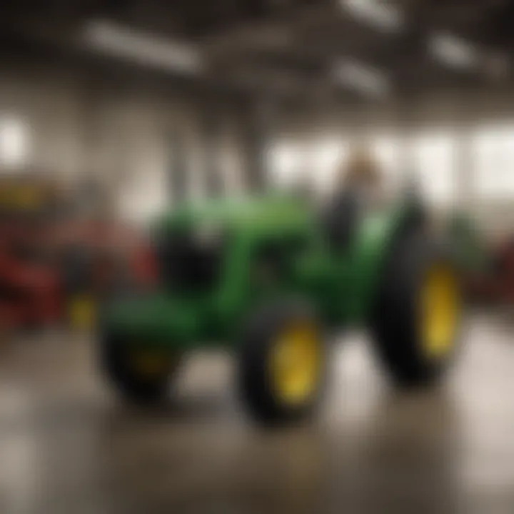 Interior of a John Deere dealership showcasing various products