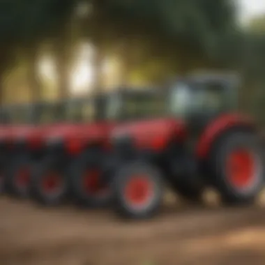 Various models of Mahindra tractors lined up