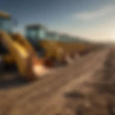 Various types of backhoes lined up, illustrating their diversity in design and function.