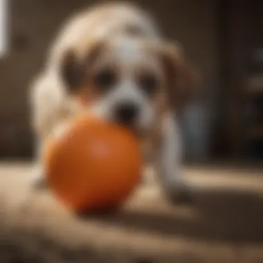 Dog interacting with a large ball featuring a handle