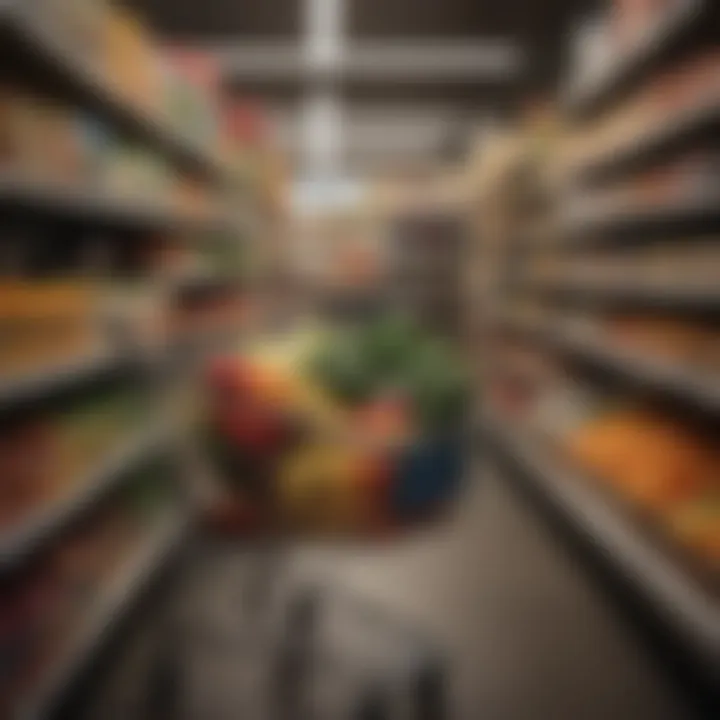 A shopping cart filled with fresh produce and pantry staples at a grocery store.