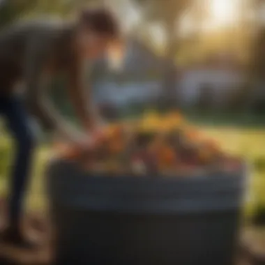 A gardener adding kitchen scraps to a compost bin