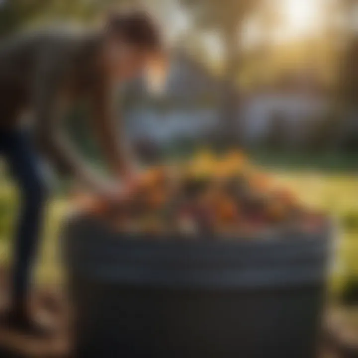 A gardener adding kitchen scraps to a compost bin