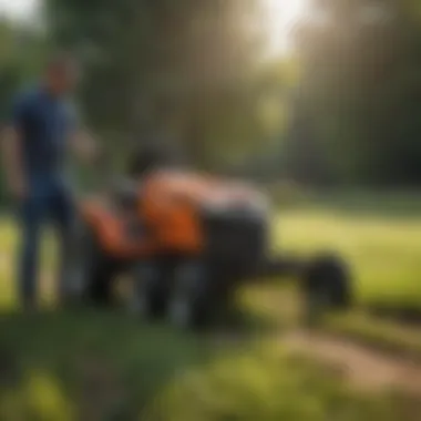 Farmer examining a pull behind brush mower for durability