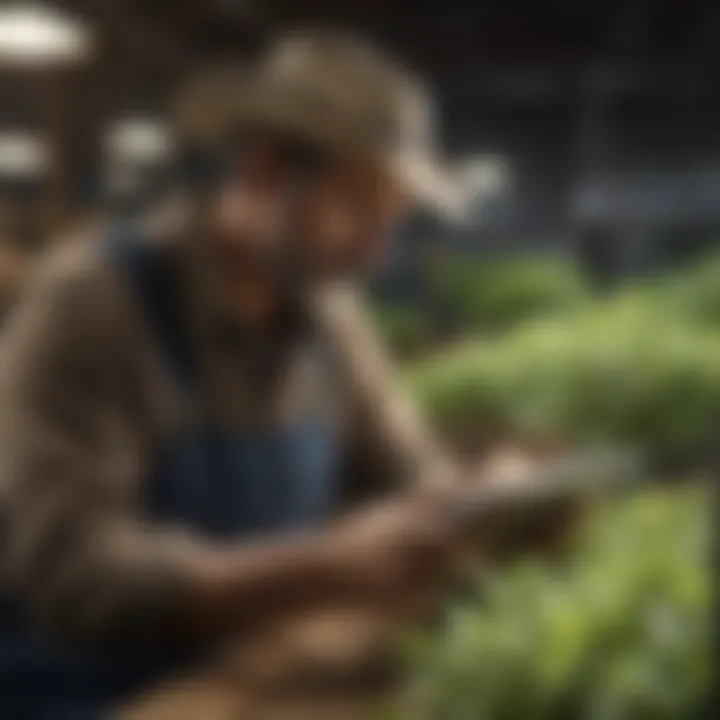 A farmer analyzing the cost-benefit ratio of LED grow lights on a tablet