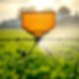 A traveling sprinkler in action watering a lush green field