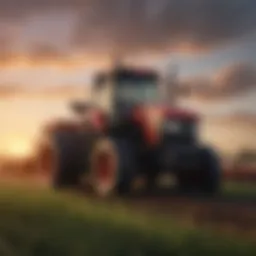 Farming equipment in a Minneapolis field during sunrise