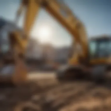 A close-up of a backhoe's digging arm in action on a construction site