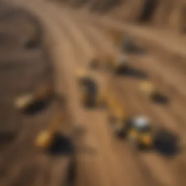 An aerial view of a construction site showcasing multiple backhoes at work