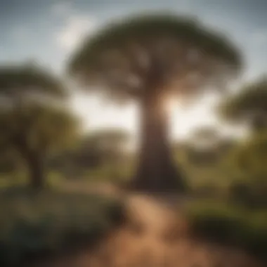 A lush garden featuring a baobab tree in the background