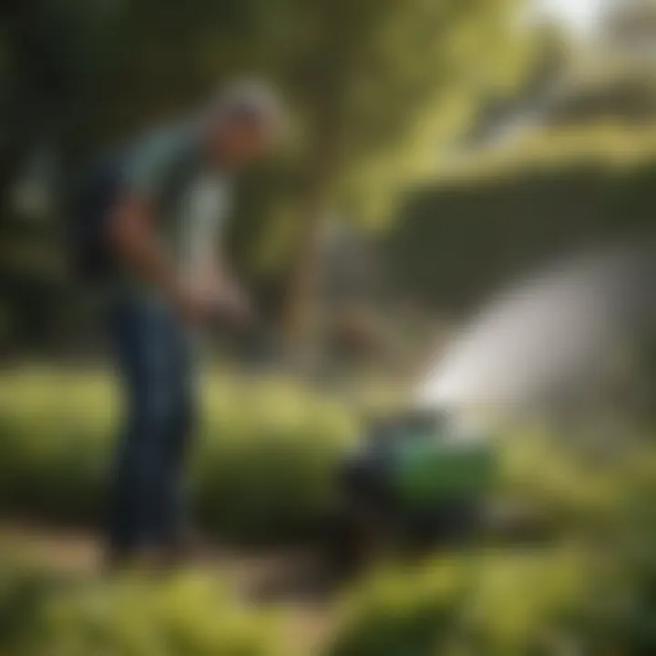 Gardener using a battery powered garden sprayer