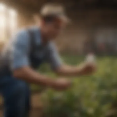 A farmer examining the results of pest management using insecticidal soap.