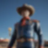 A panoramic view of Big Tex standing tall in Oklahoma City against a clear blue sky.