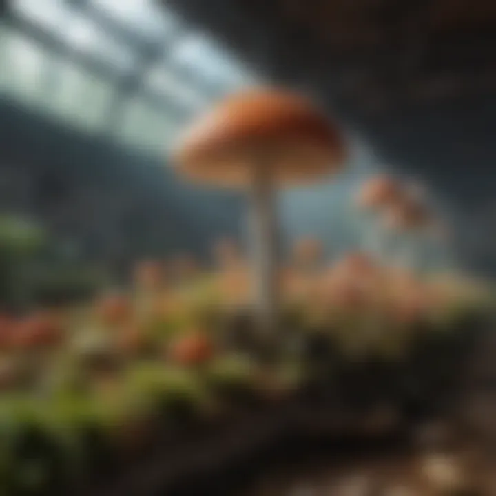 A vibrant mushroom cultivation environment with controlled humidity levels