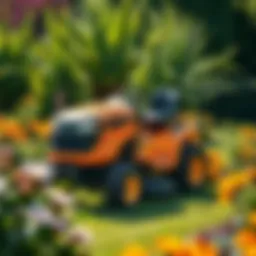 Cub Cadet tractor in a lush garden setting