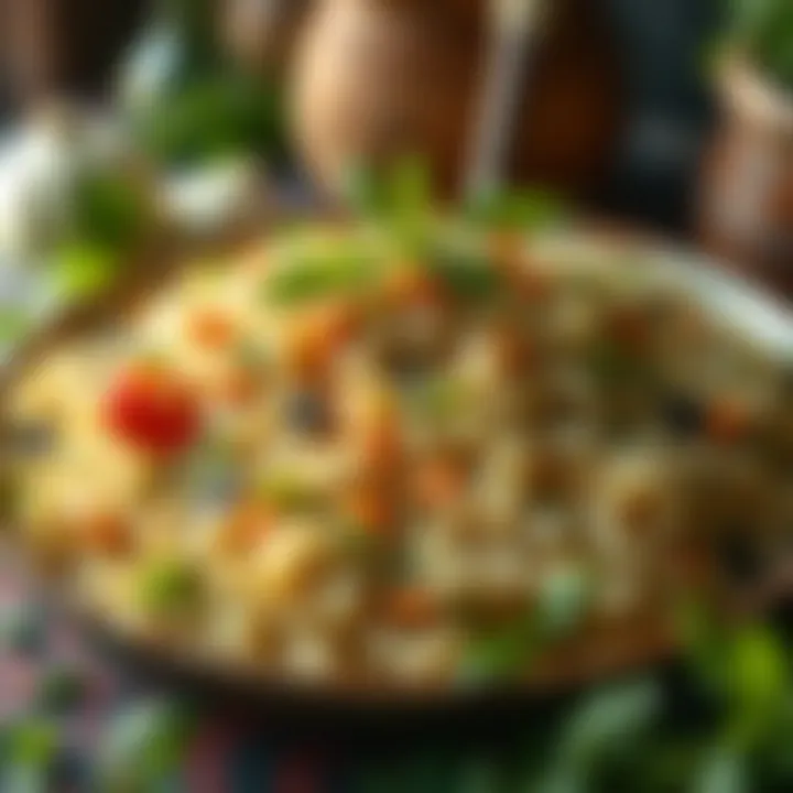 A beautifully arranged platter of Afghan pilaf with fresh herbs