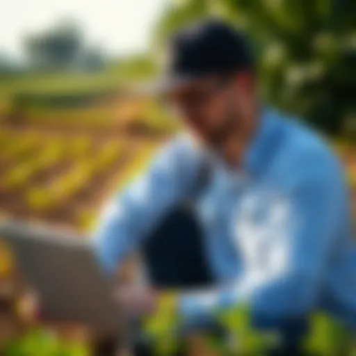 A farmer reviewing grant options on a laptop